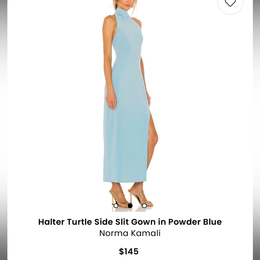 Norma Kamali blue turtleneck slide slit dress